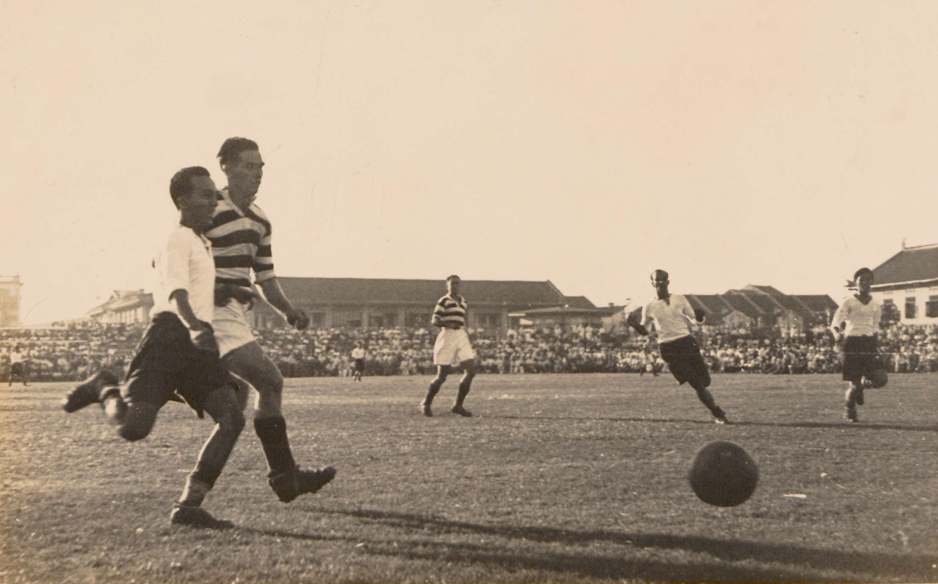 Chia Boon Leong playing for the Pasir Panjang Rovers at a charity football match, 1947
